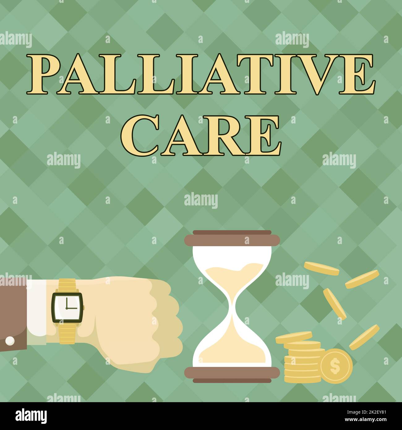 Scrittura del testo cura palliativa. Business approccio assistenza medica specializzata per mostrare con un uomo d'affari grave malattia utilizzando orologio da polso mostrando clessidra indicando misure preziose. Foto Stock