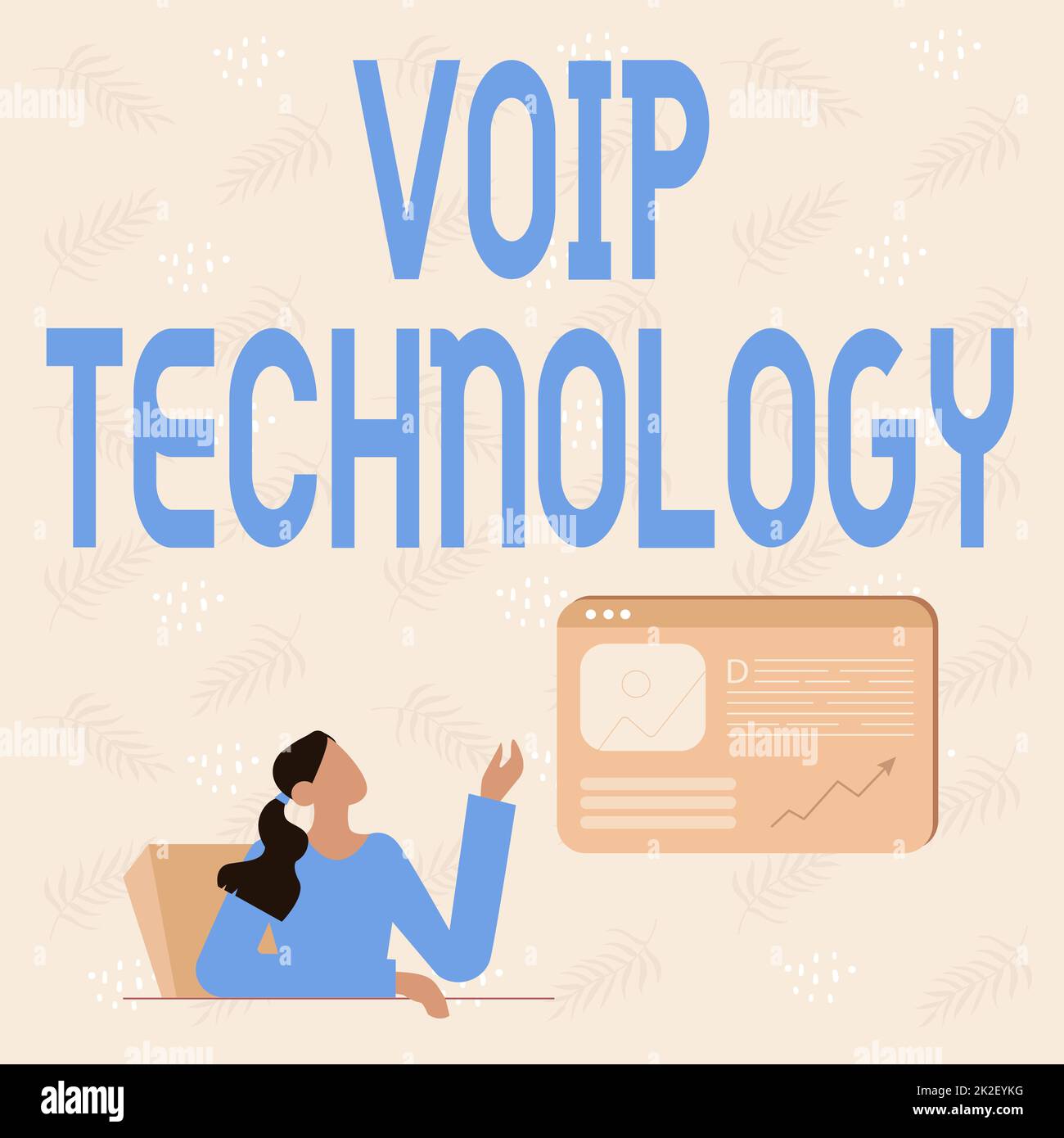 Tecnologia VoIP con sottotitoli concettuali. Panoramica aziendale VoIP Technology Line Drawing for Lady Sitting Presentazione di nuove idee con schermo browser Web Foto Stock