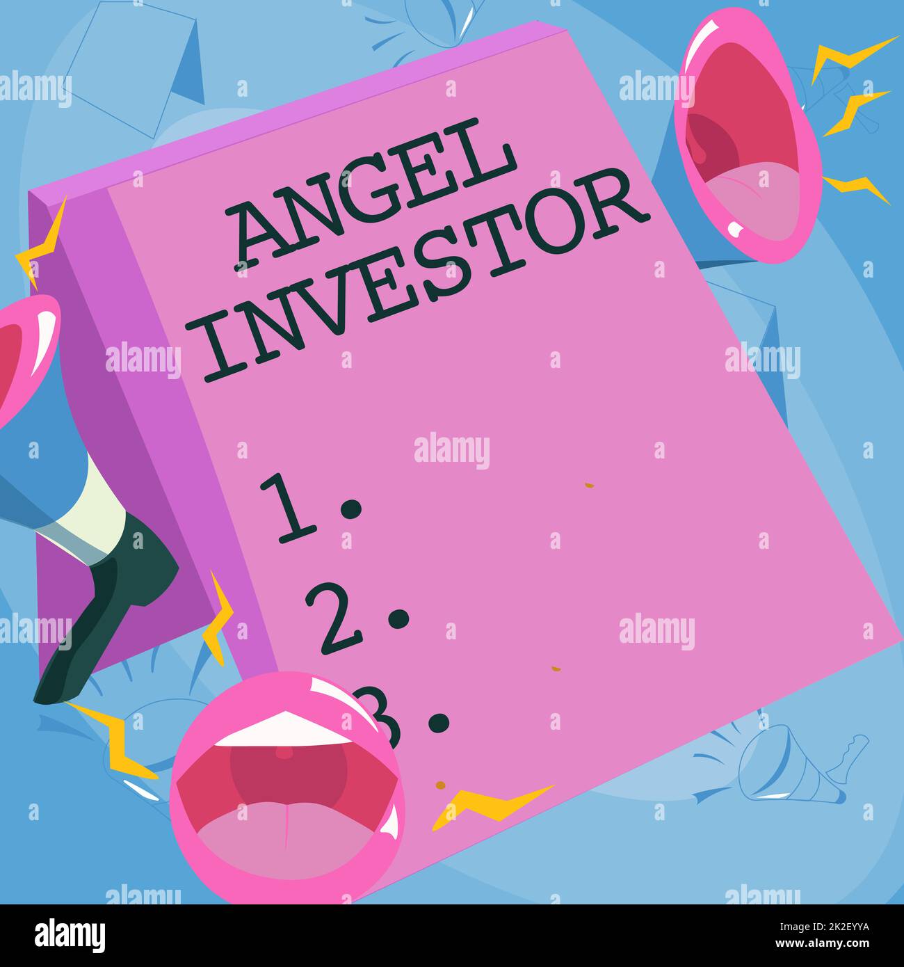 Visualizzazione concettuale Angel Investor. Business approccio high net Worth individuo che fornisce sostegno finanziario labbra megafoni forte rendendo nuovo annuncio al pubblico. Foto Stock