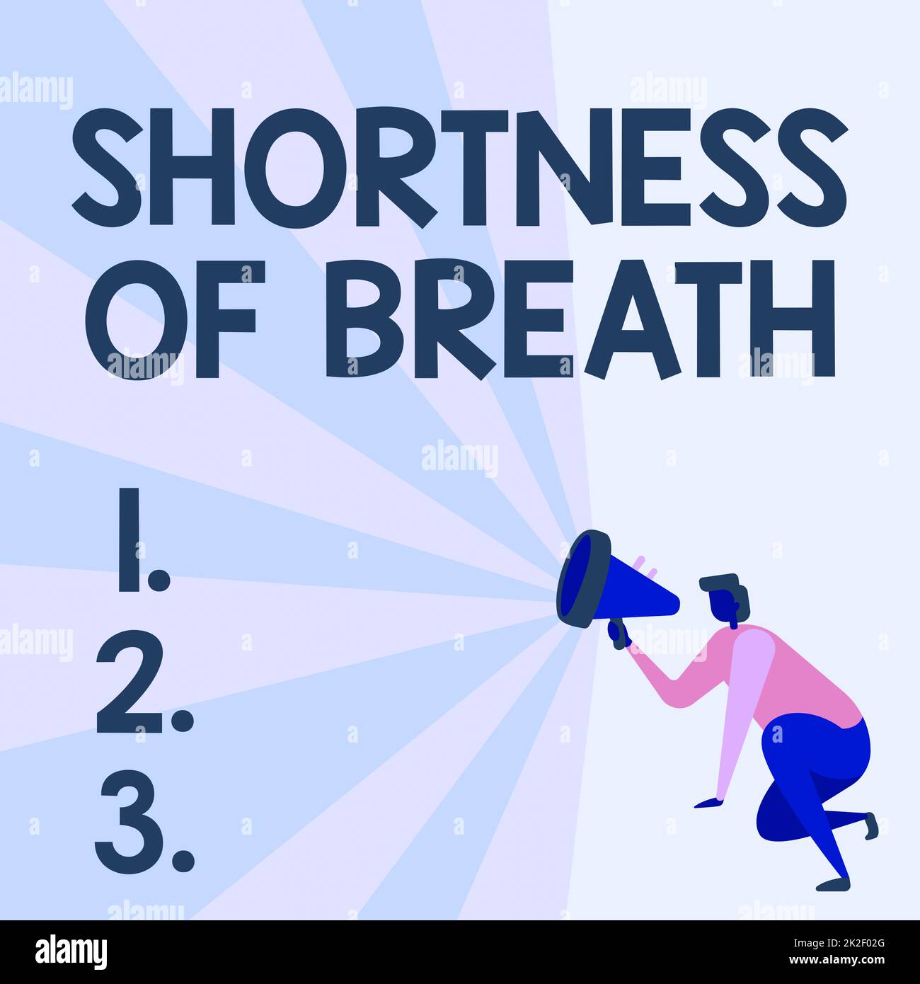 Segno di testo che mostra respiro corto. Concetto che significa stretta intensa delle vie aeree che causano difficoltà respiratorie Illustrazione di Una persona che si inginocchia utilizzando Megaphone fare nuovo annuncio. Foto Stock