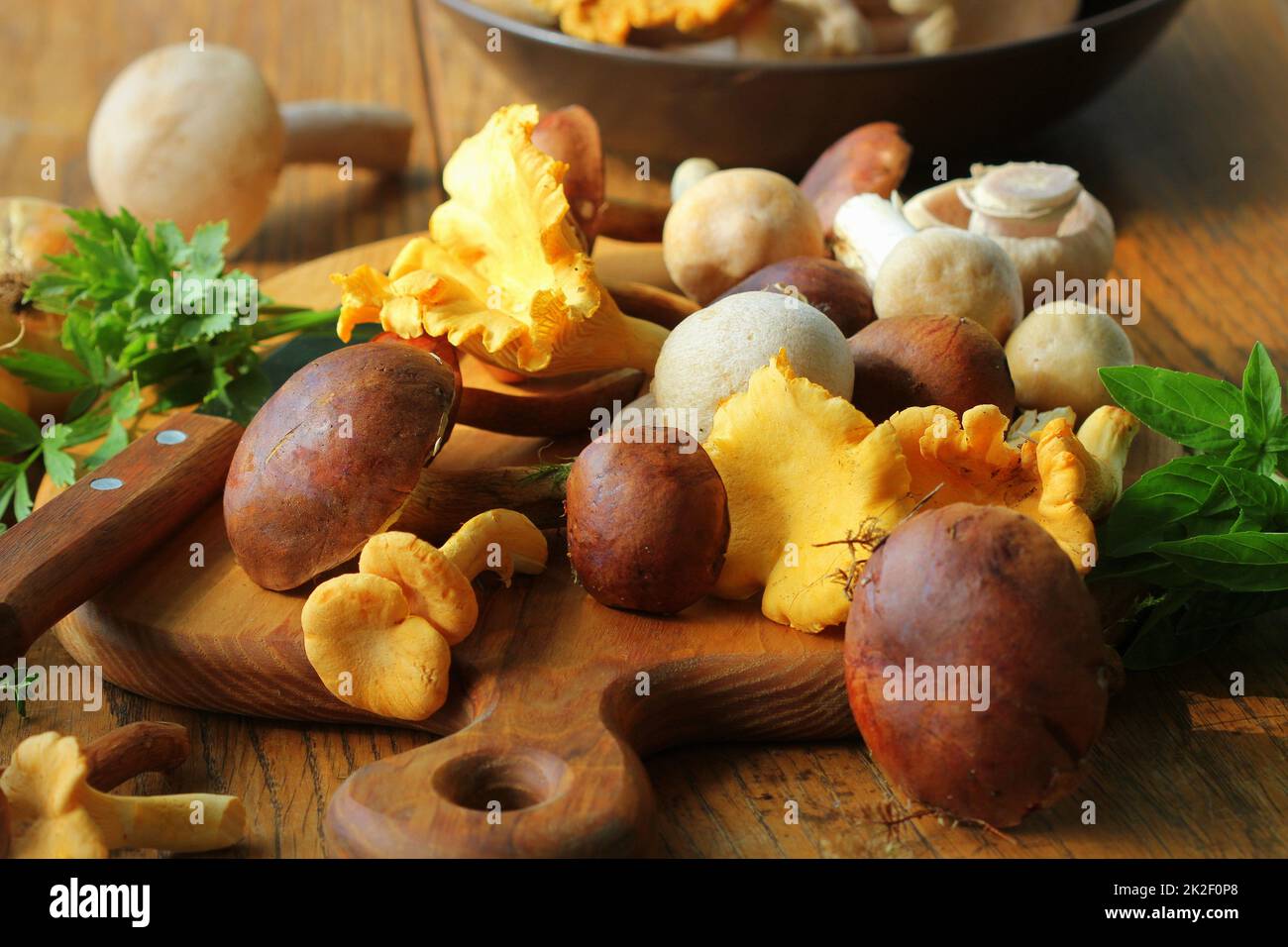 Mix di funghi di bosco sul bordo di taglio su un vecchio tavolo in legno Foto Stock