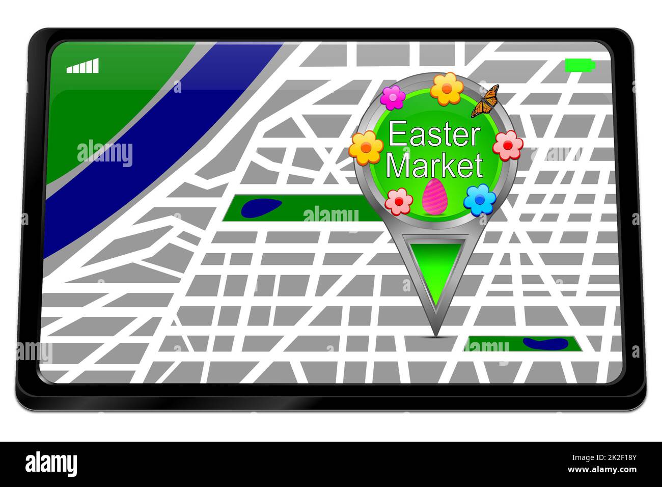 Tablet con puntatore verde della mappa del mercato pasquale - illustrazione 3D Foto Stock