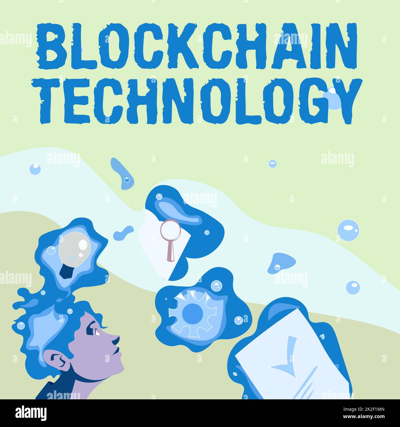 Tecnologia di scrittura a blocchi di testo. Approccio aziendale Ledger digitale memorizzato in una rete distribuita Illustrazione di Un uomo in piedi in arrivo con nuove idee sorprendenti Foto Stock