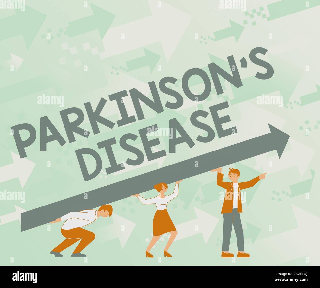 Titolo concettuale Parkinson s è malattia. Parola scritta sul disturbo del sistema nervoso che colpisce il movimento quattro colleghi disegno in piedi Holding Grande freccia per il successo. Foto Stock