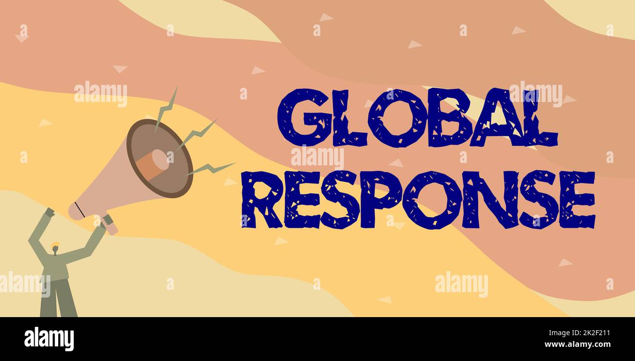 Ispirazione che mostra il segno Global Response. La foto concettuale indica il comportamento del materiale lontano dal punto di impatto Illustrazione di Un uomo che punta lontano tenendo Megaphone fare nuovo annuncio. Foto Stock