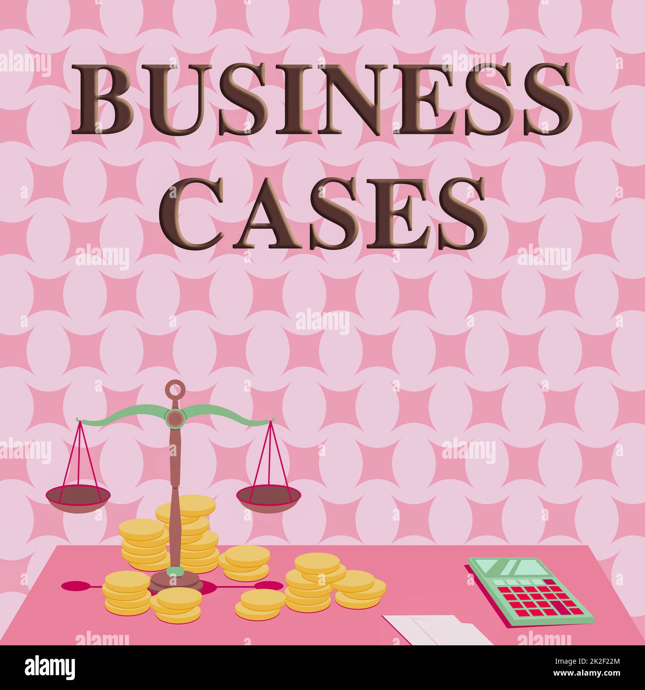 Firma che mostra i business case. Concetto che significa impresa sulla base del suo bilancio di benefici commerciali attesi Scala circondata da monete calcolatrice conteggio delle mortgage finanziarie. Foto Stock