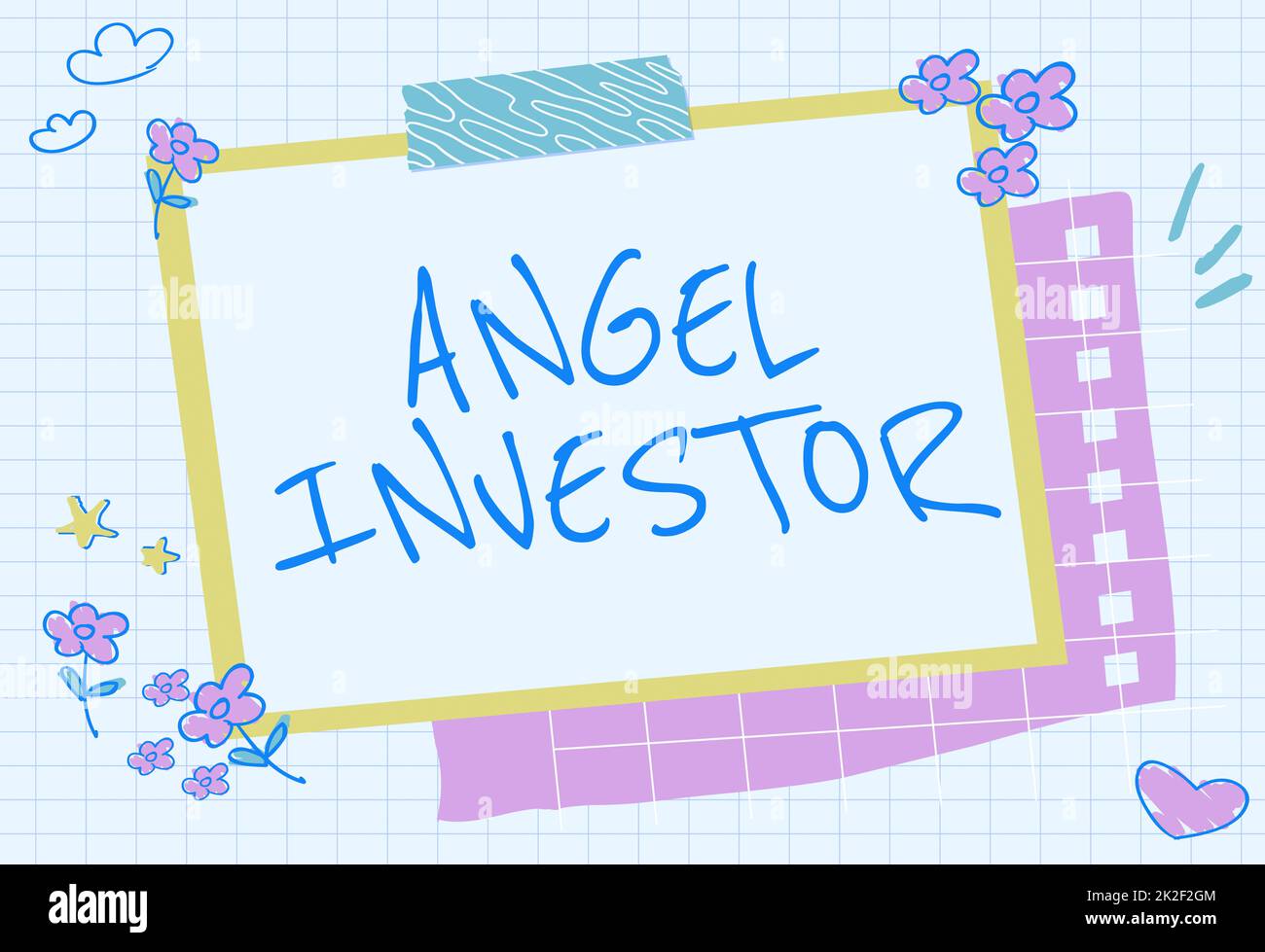 Segno che mostra Angel Investor. Concetto Internet alto valore netto individuo che fornisce sostegno finanziario blank frame decorato con Abstract Modernized Forms Fiori e Fogliame. Foto Stock
