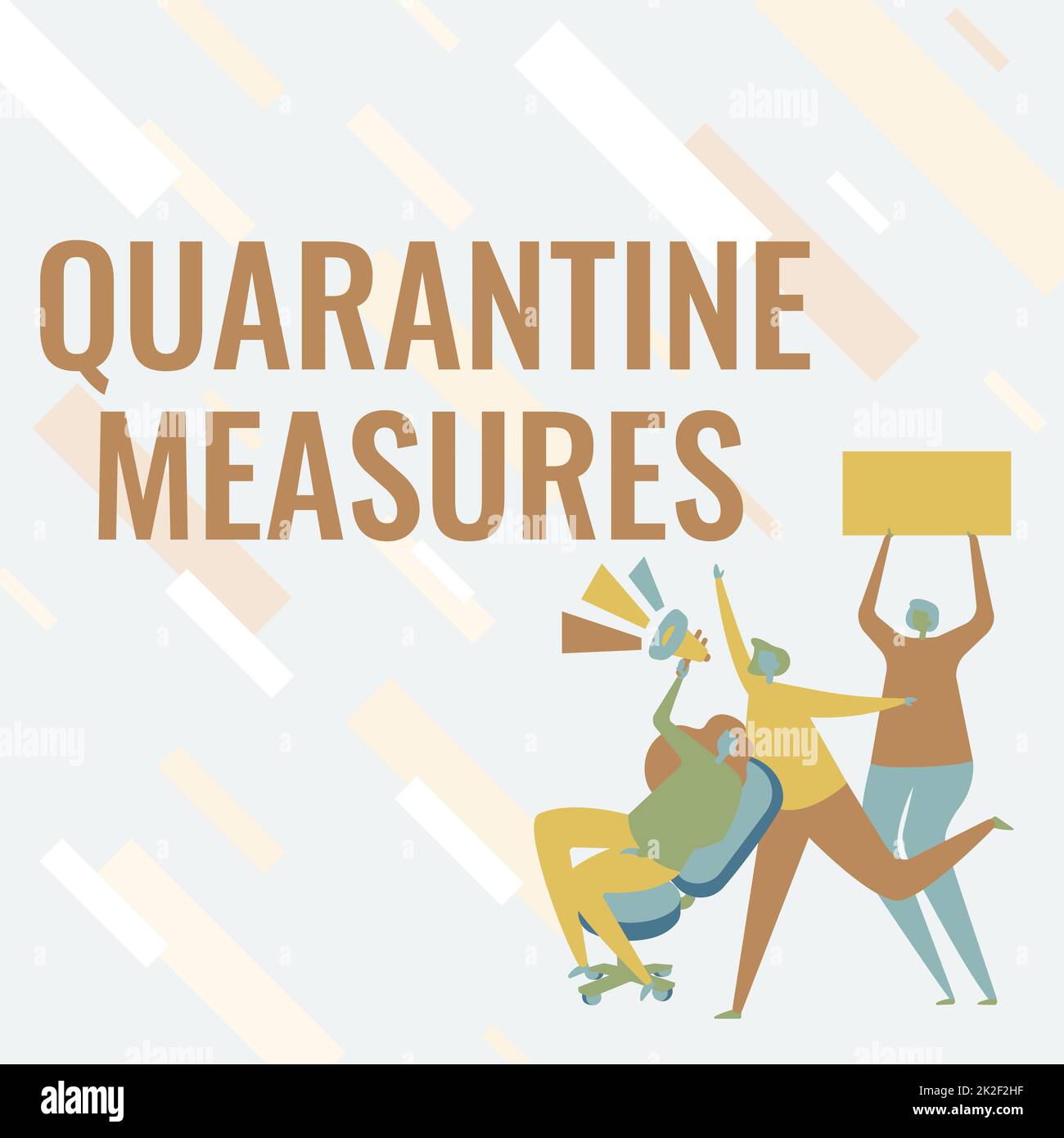 Scrittura manuale delle misure di quarantena del testo. Concetto che significa la procedura di sicurezza da seguire prevenire la trasmissione della malattia Donna disegno seduta in Holding Megaphone fare Annuncio. Foto Stock