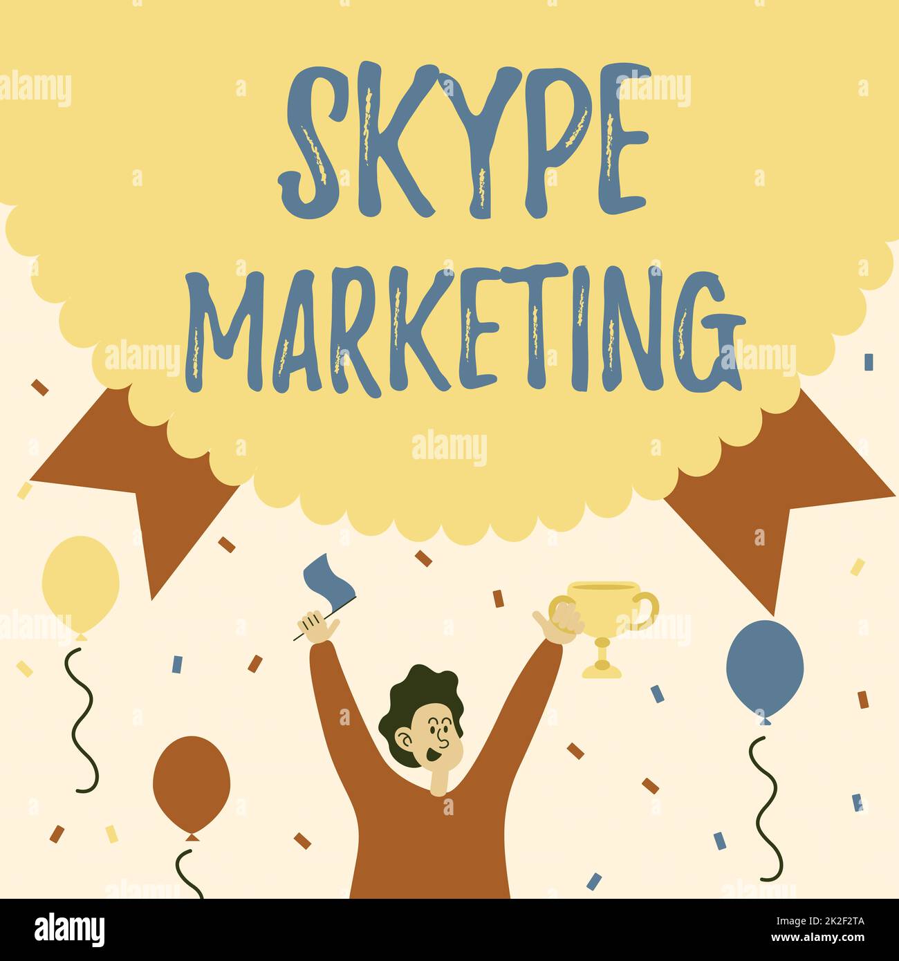 Didascalia di testo che presenta il marketing Skype. App Internet Concept specializzate nella fornitura di chat video e voce Man Holding Trophy per celebrare le performance circondate da palloni. Foto Stock