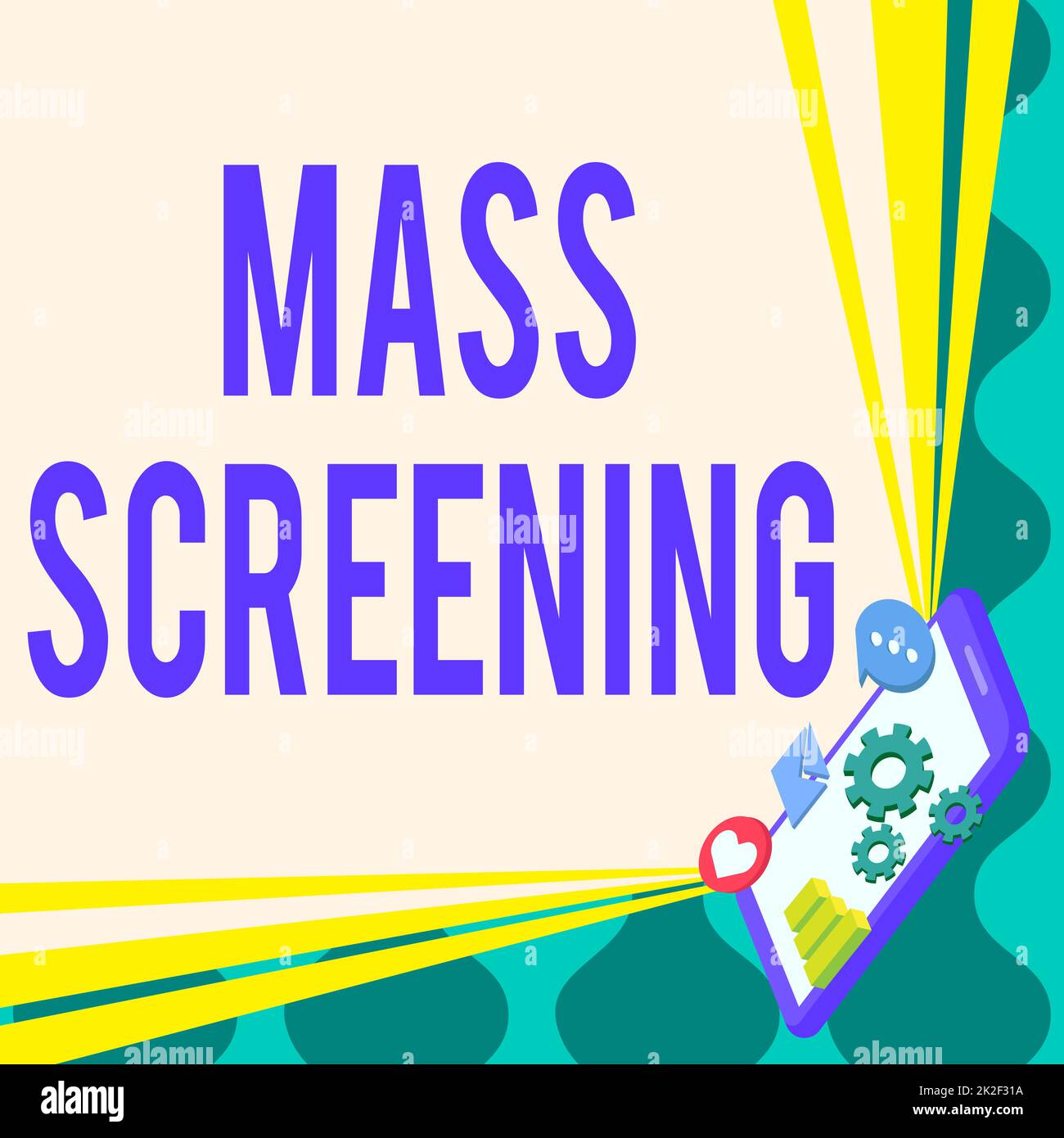 Segno che visualizza lo screening di massa. Valutazione della salute del concetto del Internet effettuata ad una grande quantità di popolazione Mobile Drawing Condivisione commenti positivi e Bubble di discorso buono Foto Stock