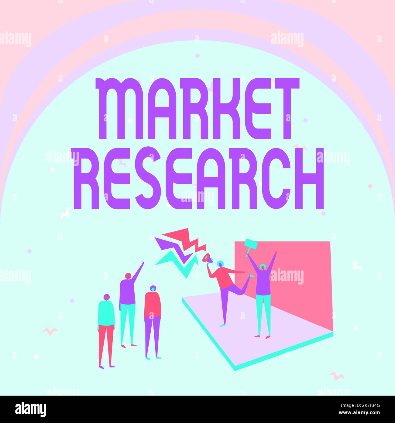 Visualizzazione concettuale Ricerca di mercato. Business Approach l'azione di raccogliere informazioni sui consumatori Illustrazione di coppia in fase di realizzazione Annuncio alla piccola folla. Foto Stock