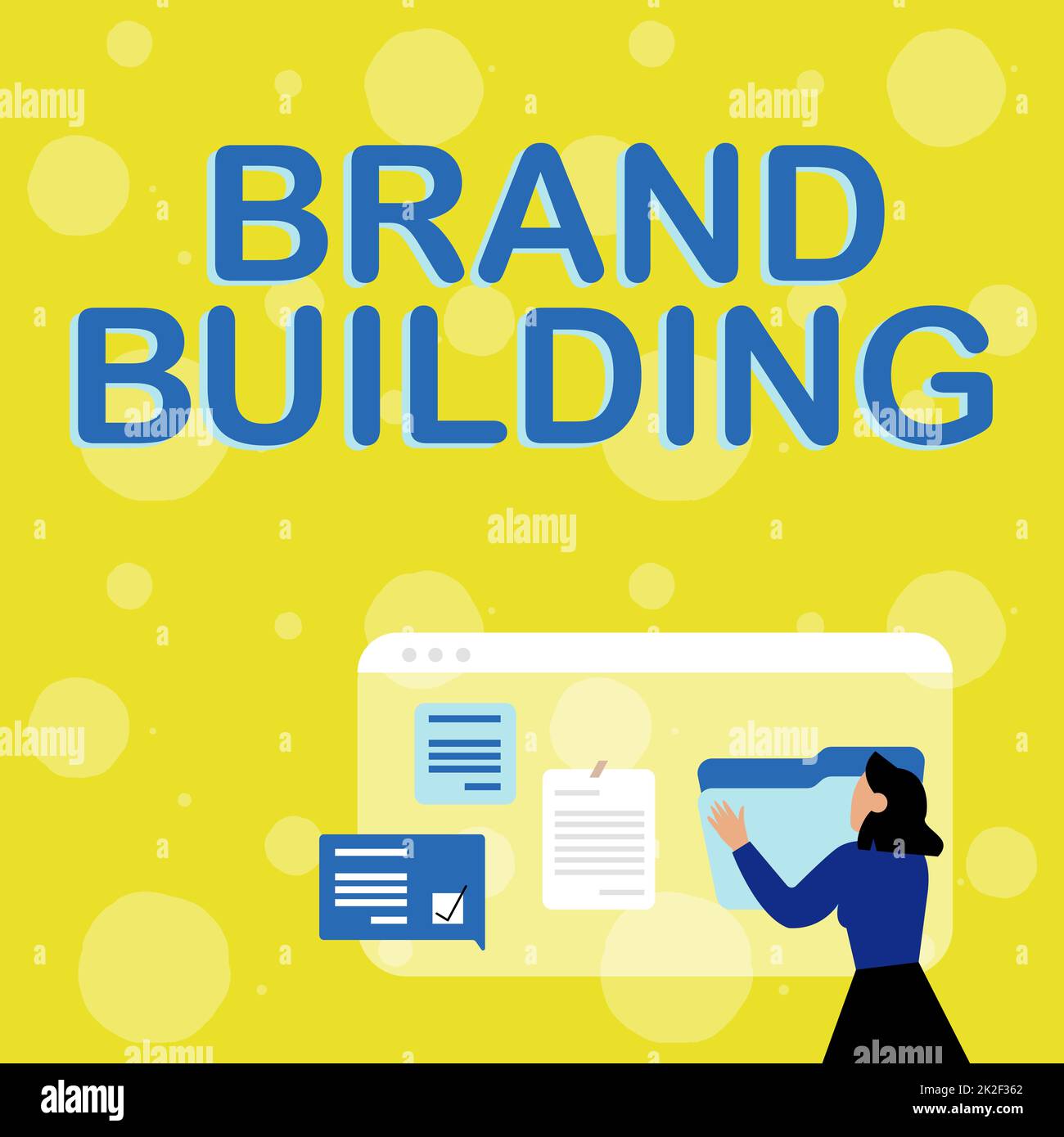 Scrittura a mano segno Brand Building. Panoramica aziendale generare consapevolezza stabilire e promuovere l'azienda Donna arrangiamento browser Storia, editing Organizzazione di file online Foto Stock