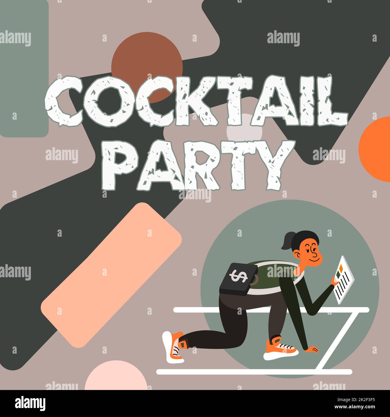 Visualizzazione concettuale cocktail Party. Parola per il partito formale con le bevande alcoliche di solito in prima serata Donna trasporto Briefcase lettura Quotidiani preparazione per iniziare a investire. Foto Stock