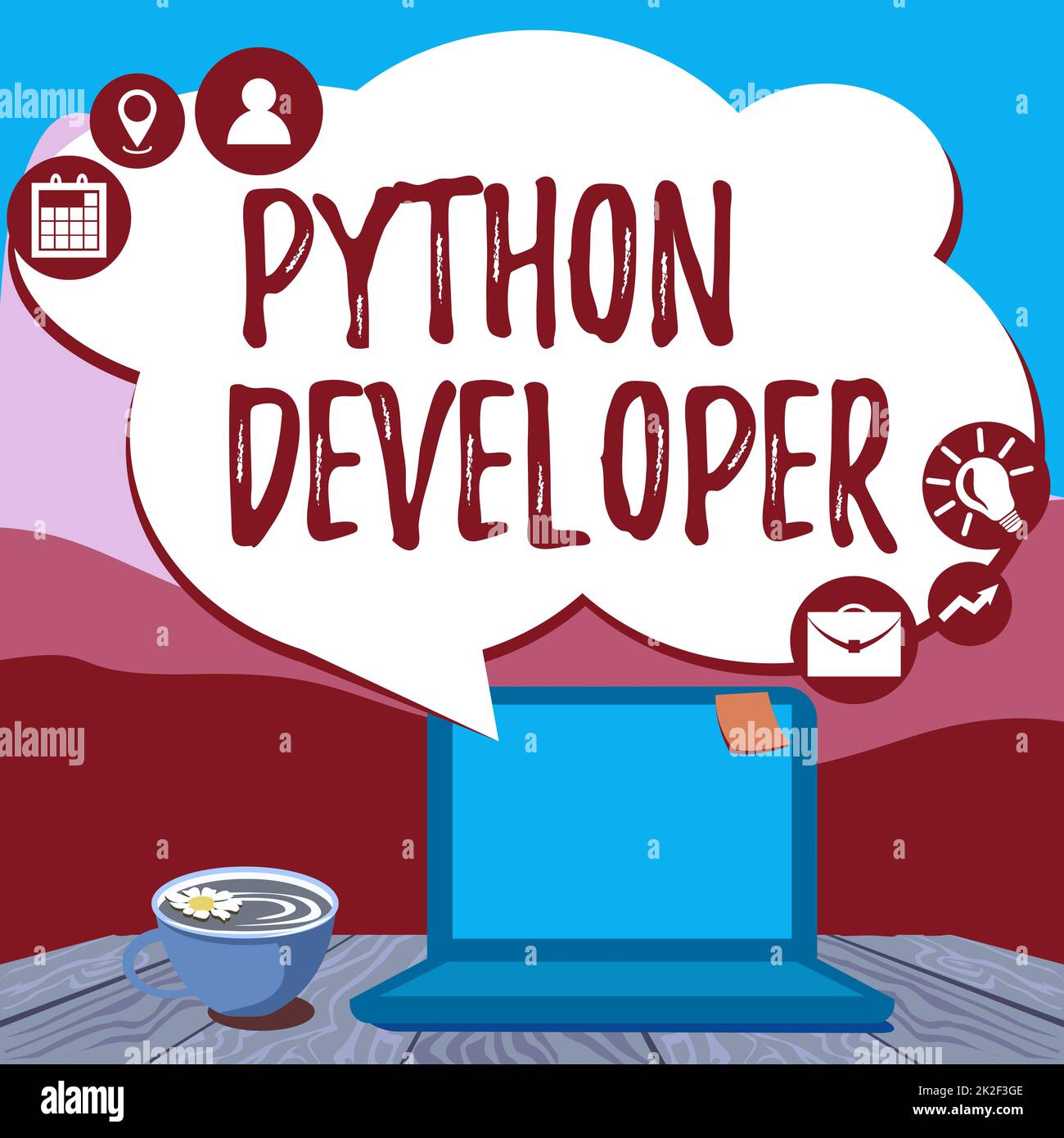 Visualizzazione concettuale Python Developer. Concetto Internet responsabile della scrittura serverside web applicazione logica digitazione a mano sul laptop accanto a Coffe Mug e impianto di lavoro da casa. Foto Stock
