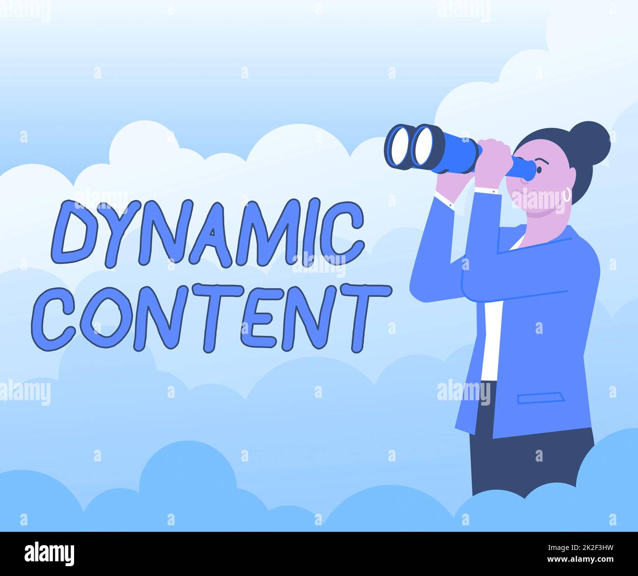 Scrittura di testo con contenuto dinamico. Concetto di business contenuto web che cambia in base al comportamento dell'utente Donna guardando attraverso mano portatile Telescopio vedere nuove opportunità. Foto Stock