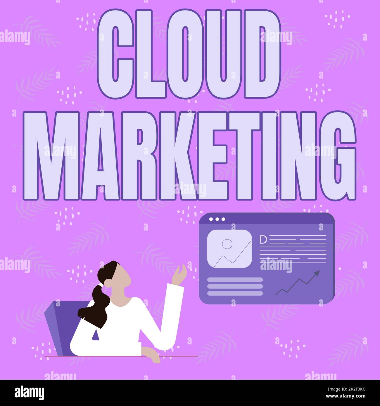 Firma con Cloud Marketing. Approccio aziendale il processo di un'organizzazione per commercializzare i propri servizi Line Drawing for Lady Sitting Presentazione di nuove idee con lo schermo del browser Web Foto Stock