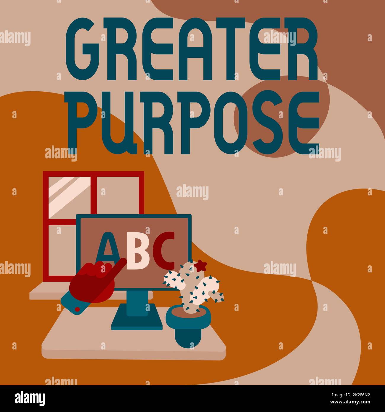 Didascalia di testo che presenta uno scopo maggiore. Panoramica aziendale estendere in media conforme l'ordine morale dell'universo mano che mostra lettere che puntano lo schermo del browser Web con Cactus a lato. Foto Stock