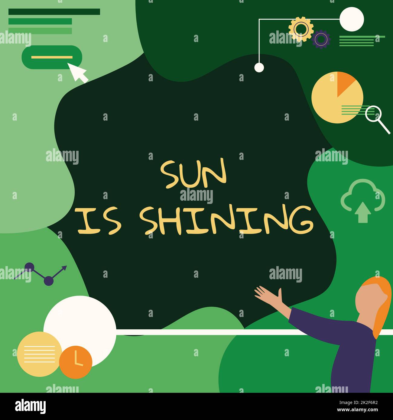Cartello di testo che mostra il sole splende. Vetrina d'affari bello sole godere di calde giornate estive paesaggio naturale Lady disegno in piedi Holding proiettore telecomando Presentazione Pie Charts Foto Stock