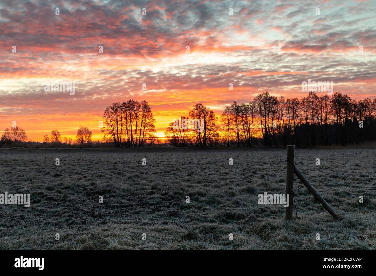 Alba su un campo in Baviera in inverno Foto Stock