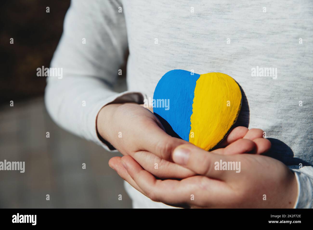 Piccolo bambino tenere a forma di cuore di pietra con bandiera nazionale Ucraina o inno Foto Stock