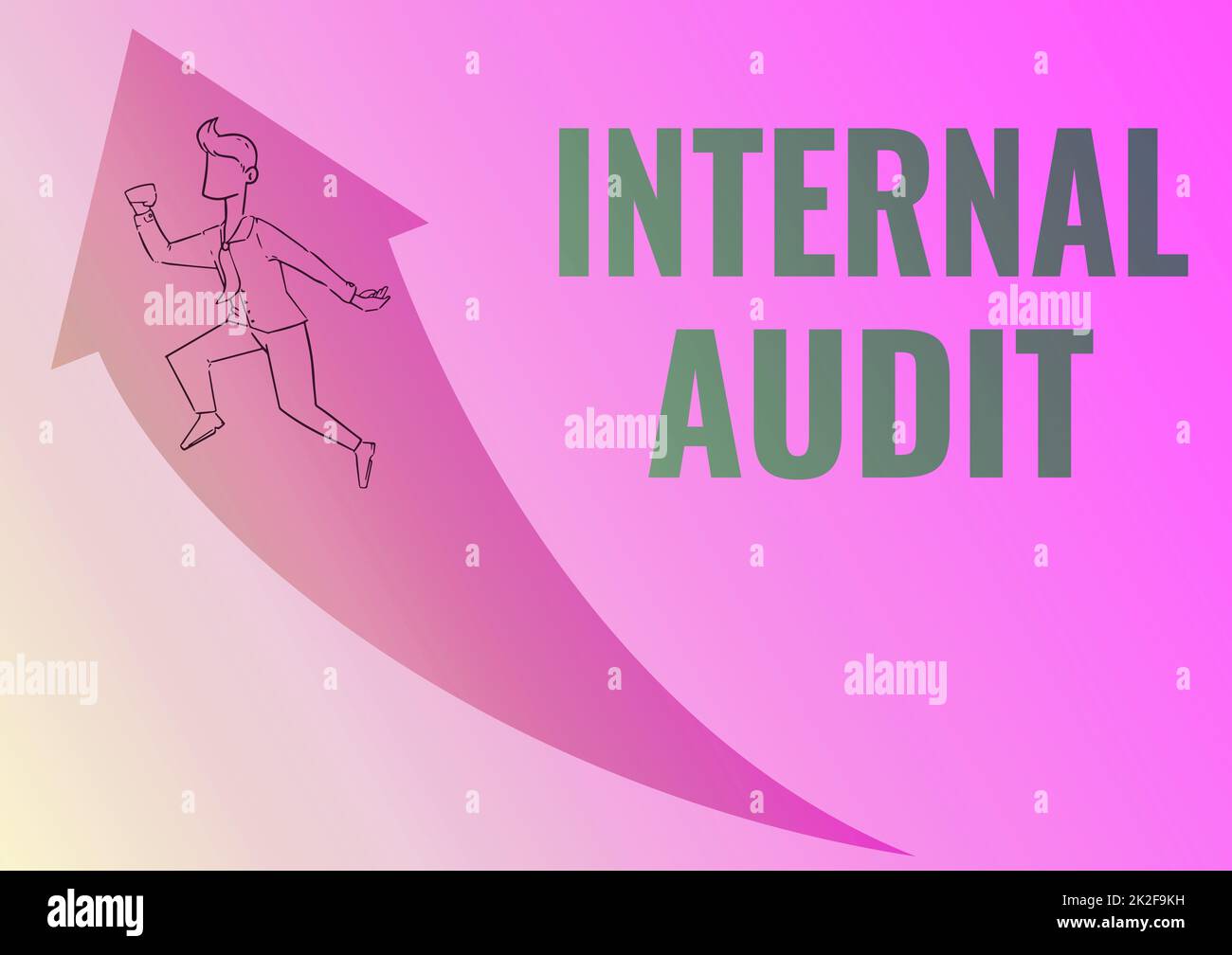 Scrittura del testo di visualizzazione Audit interno. Concetto di significato valuta l'efficacia dei controlli e dei processi Illustrazione di buon uomo d'affari che corre in su con Arrow ha ottenuto la sua promozione. Foto Stock