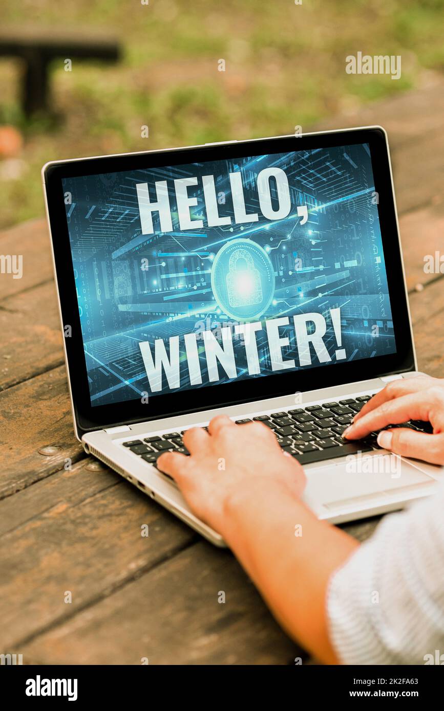 Scrittura visualizzazione testo Ciao inverno. Parola di saluto alla fine dell'autunno la stagione più fredda intorno a dicembre laptop messo a riposo sul tavolo lavorando nel Parco facendo lavori remoti. Foto Stock