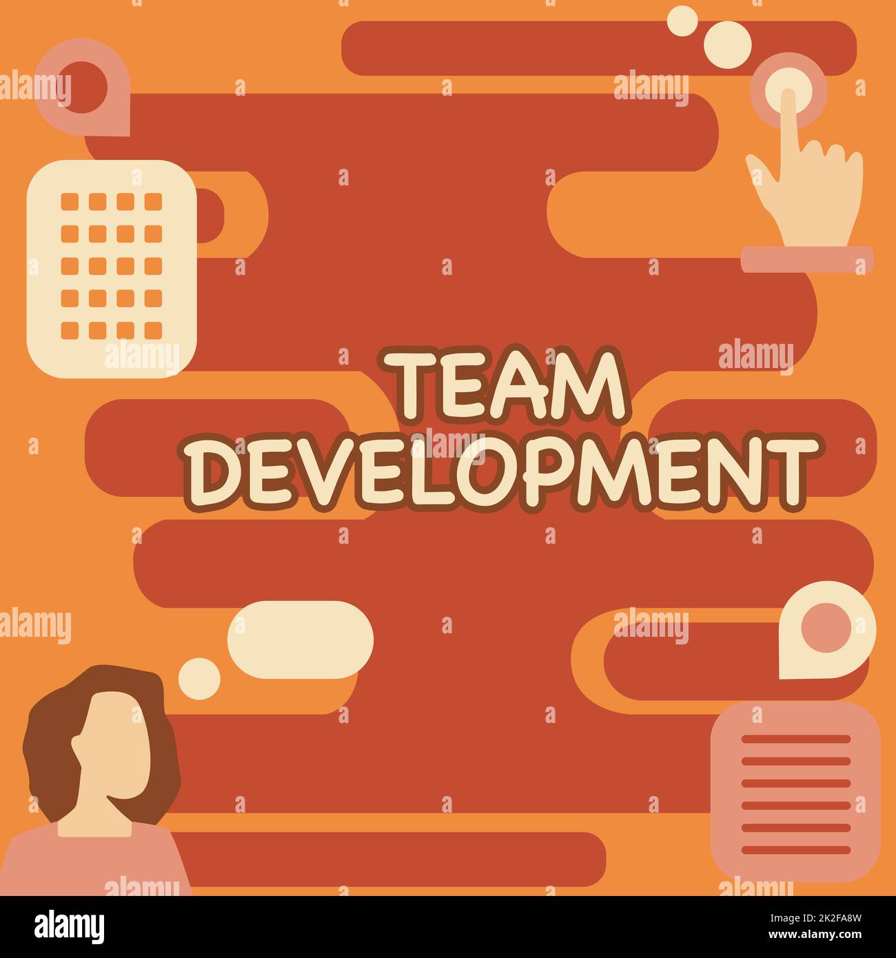 Ispirazione che mostra il segno sviluppo del team. Parola scritta su imparare perché e come i piccoli gruppi cambiano nel tempo con grafici Donna pensiero innovativo Leading Ideas verso un futuro stabile. Foto Stock