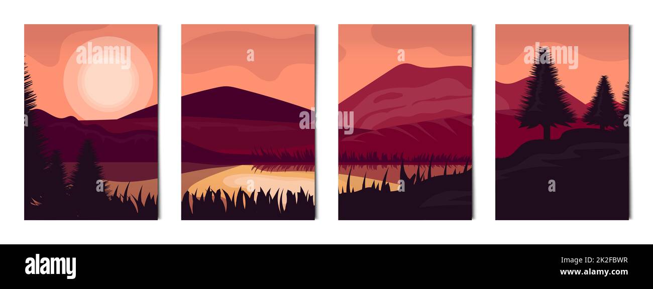 Set di 4 pezzi paesaggi di montagne e foreste - Vector Foto Stock