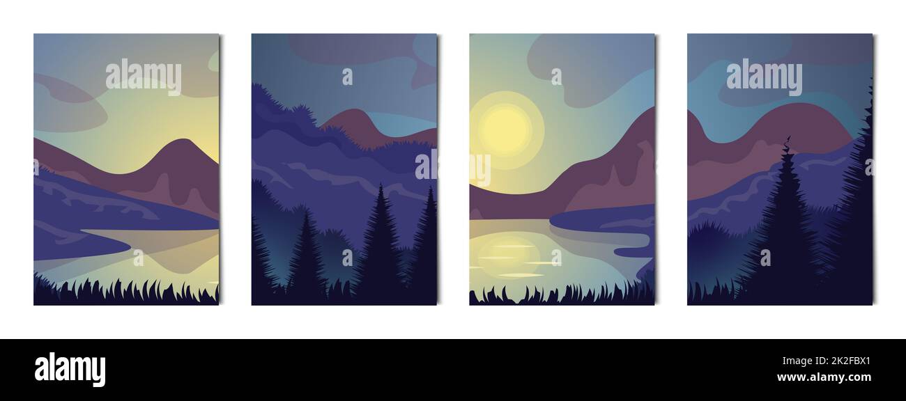 Set di 4 pezzi paesaggi di montagne e foreste - Vector Foto Stock