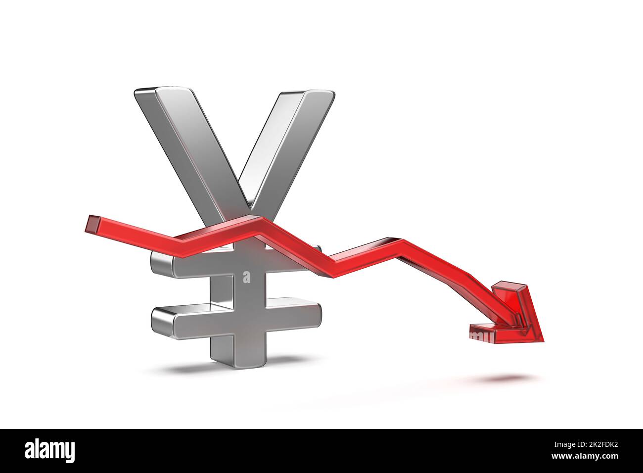 Simbolo Yen giapponese o Yuan cinese con freccia rossa rivolta verso il basso. Foto Stock