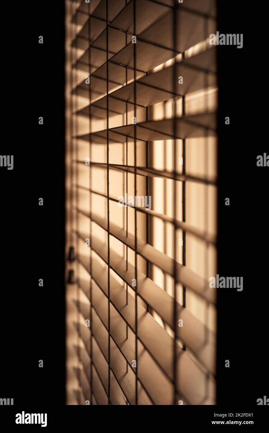 Foto verticale di veneziane che creano un'atmosfera di ispirazione noia e noia. Foto Stock