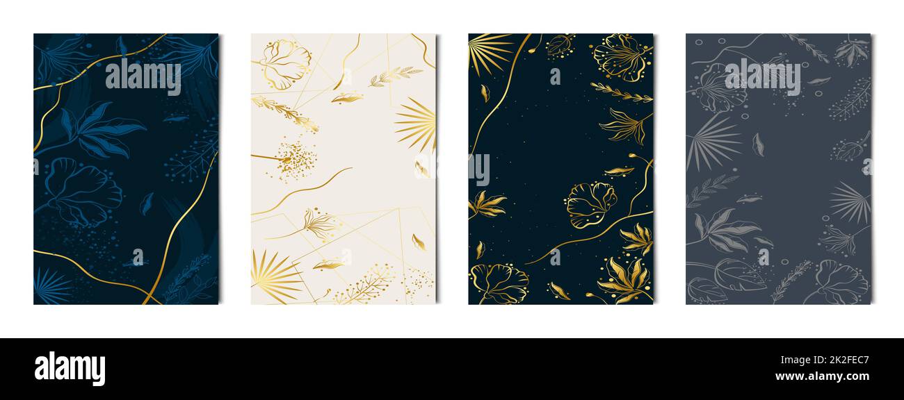 Set di 4 pz. Sfondi artistici astratti con linee d'oro texture per la pubblicità, biglietti da visita e banner - Vector Foto Stock