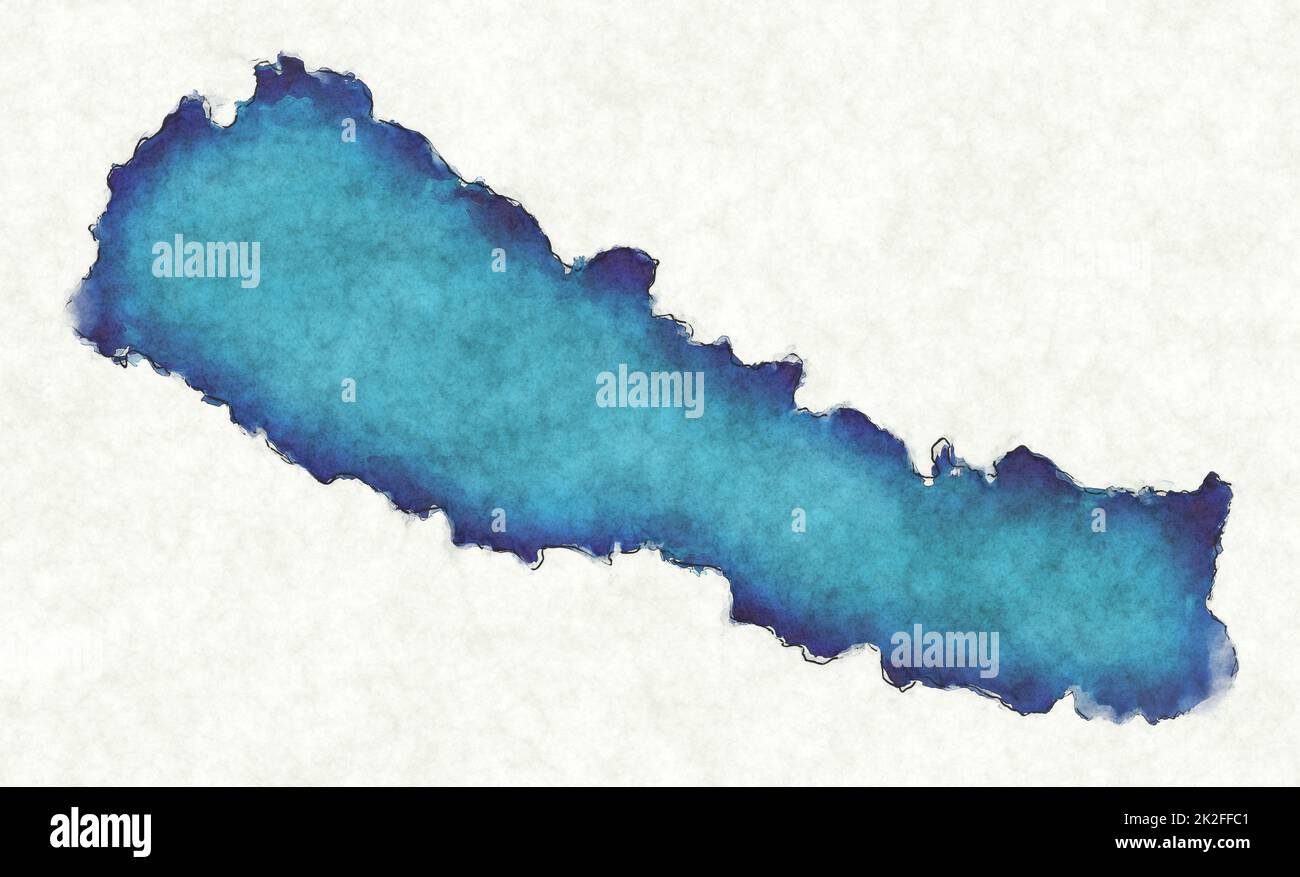 Mappa del Nepal con linee tracciate e illustrazione dell'acquerello blu Foto Stock