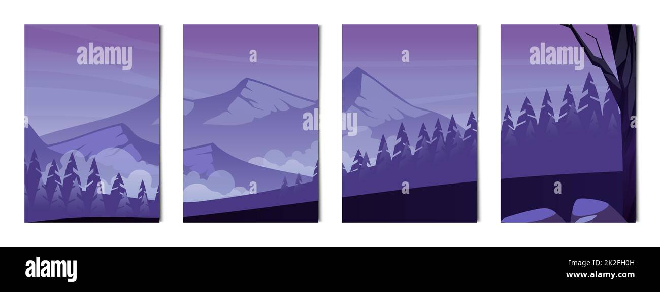 Set di 4 pezzi paesaggi di montagne e foreste - Vector Foto Stock