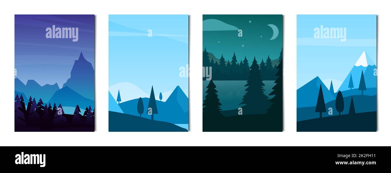 Set di 4 pezzi paesaggi di montagne e foreste - Vector Foto Stock