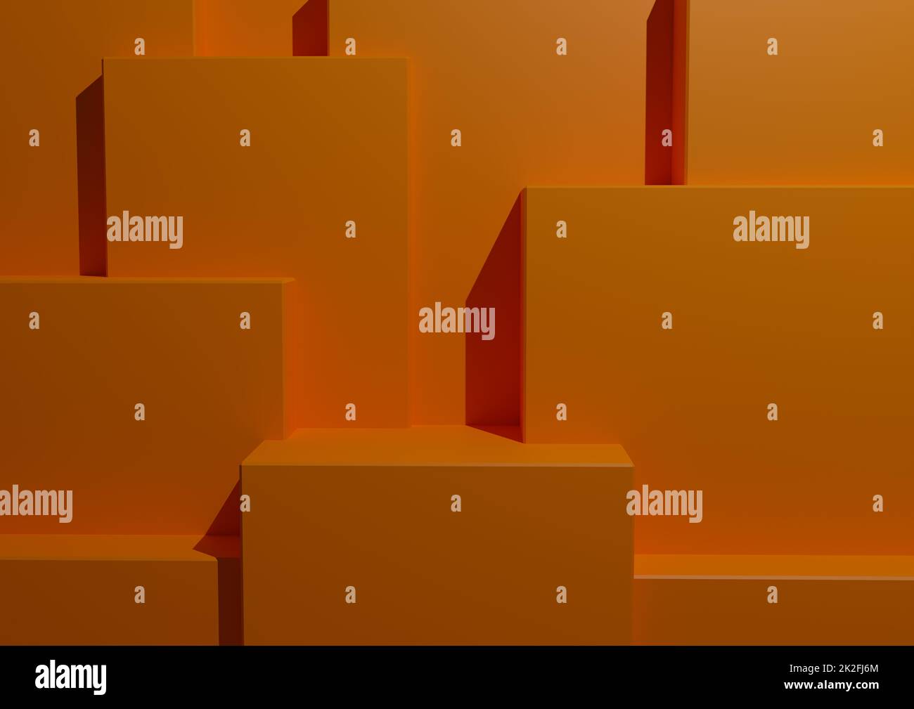 Minimal Bright Orange background 3D Studio Mockup Scene con podi e livelli per la visualizzazione e la presentazione dei prodotti. Sfondo architettonico orizzontale geometrico. Foto Stock