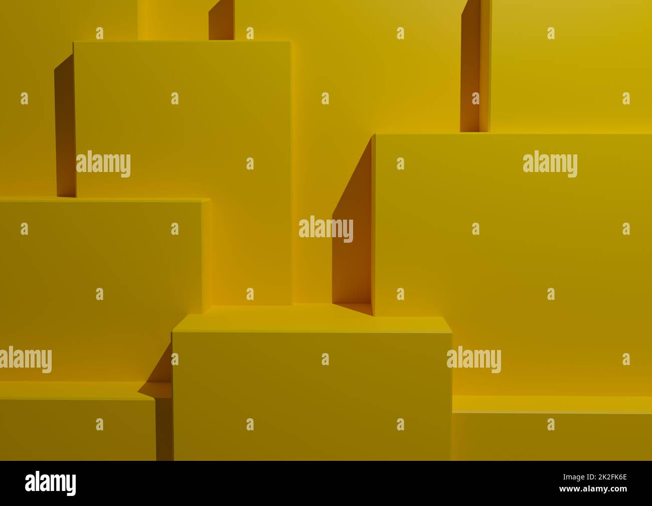 Minimal Bright Yellow background 3D Studio Mockup Scene con podi e livelli per la visualizzazione e la presentazione dei prodotti. Sfondo architettonico orizzontale geometrico. Foto Stock