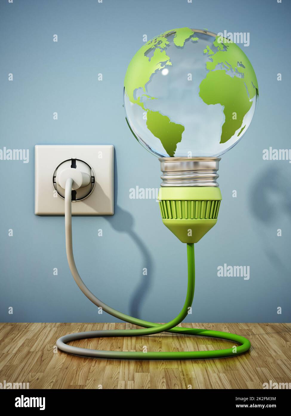 Lampadina a massa collegata alla presa elettrica. Concetto di sostenibilità. Illustrazione 3D Foto Stock