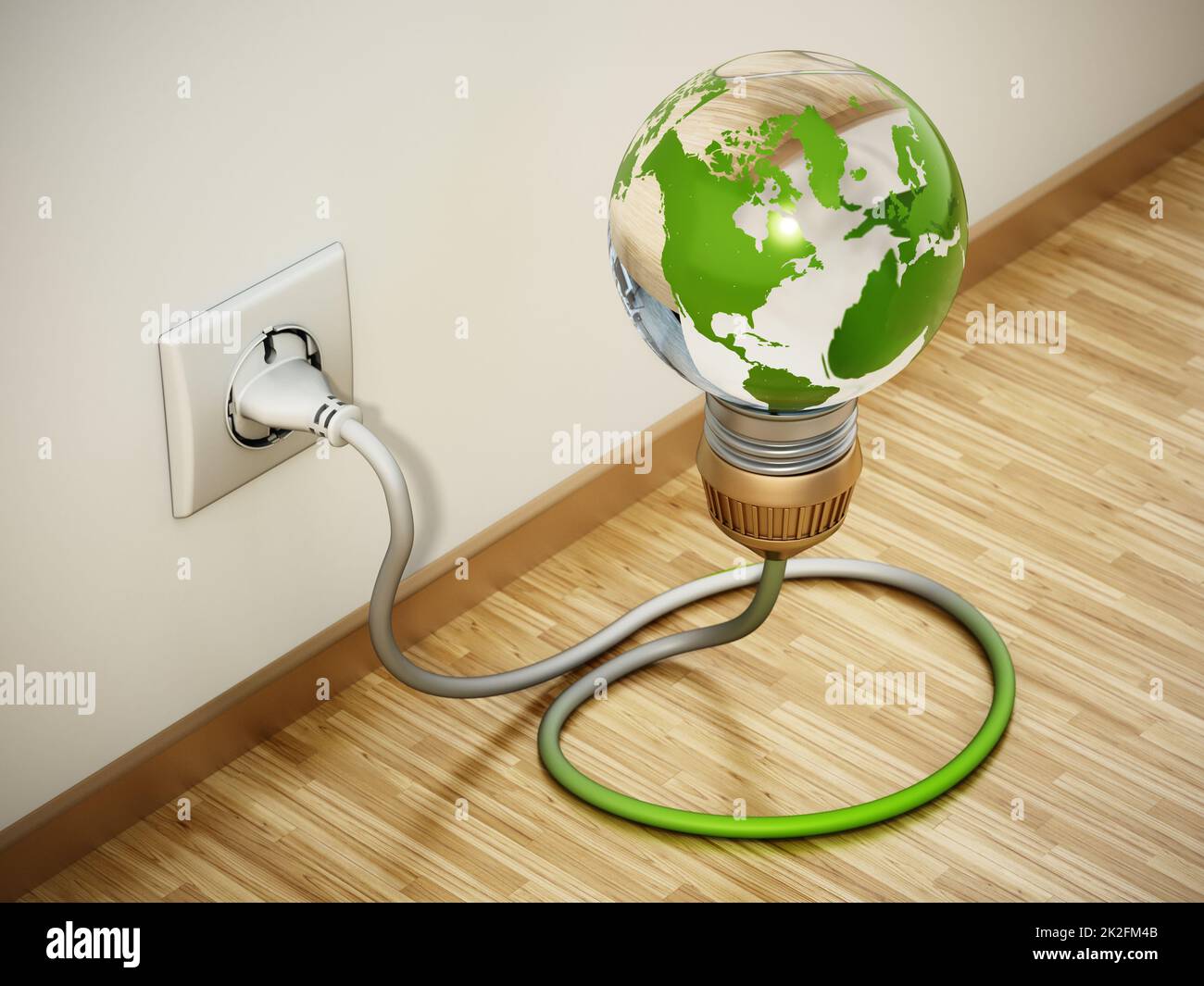 Lampadina a massa collegata alla presa elettrica. Concetto di sostenibilità. Illustrazione 3D Foto Stock