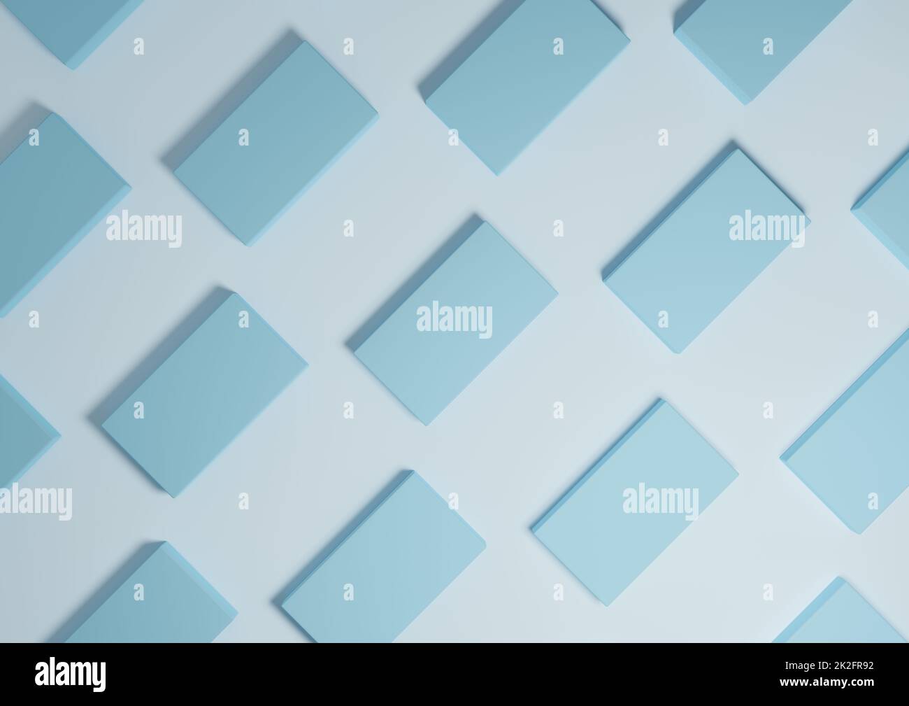 Chiaro, pastello, baby blu, rendering 3D minimal, semplice, moderno display piatto con vista dall'alto sullo sfondo con supporti quadrati ripetitivi in un motivo Foto Stock
