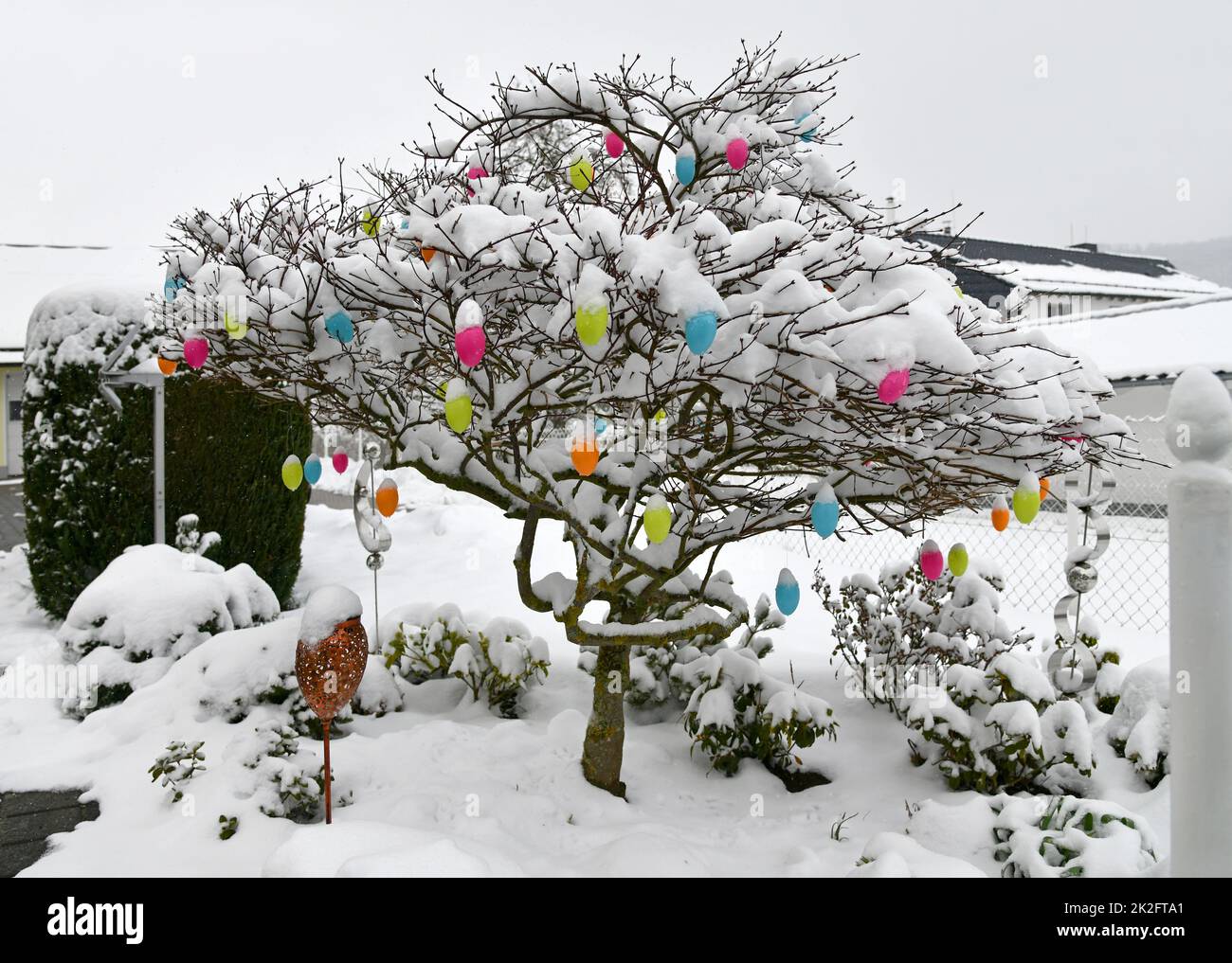 Uova di pasqua colorate con neve fresca Foto Stock