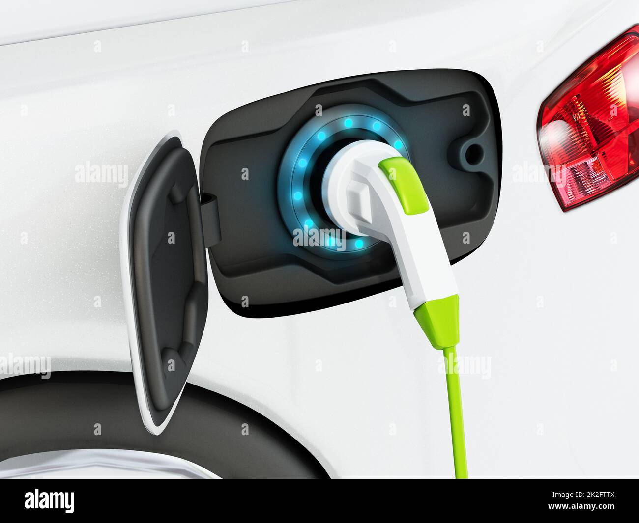 Auto elettrica collegata alla stazione di ricarica. Illustrazione 3D Foto Stock