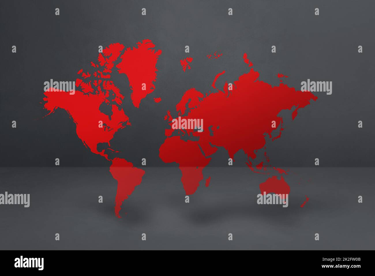 Mappa del mondo rosso su sfondo nero muro di cemento. Illustrazione 3D Foto Stock