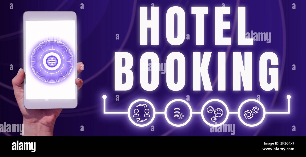 Didascalia di testo che presenta la prenotazione dell'hotel. Business showcase Prenotazioni on-line Suite Presidenziale De Luxe Hospitality Foto Stock