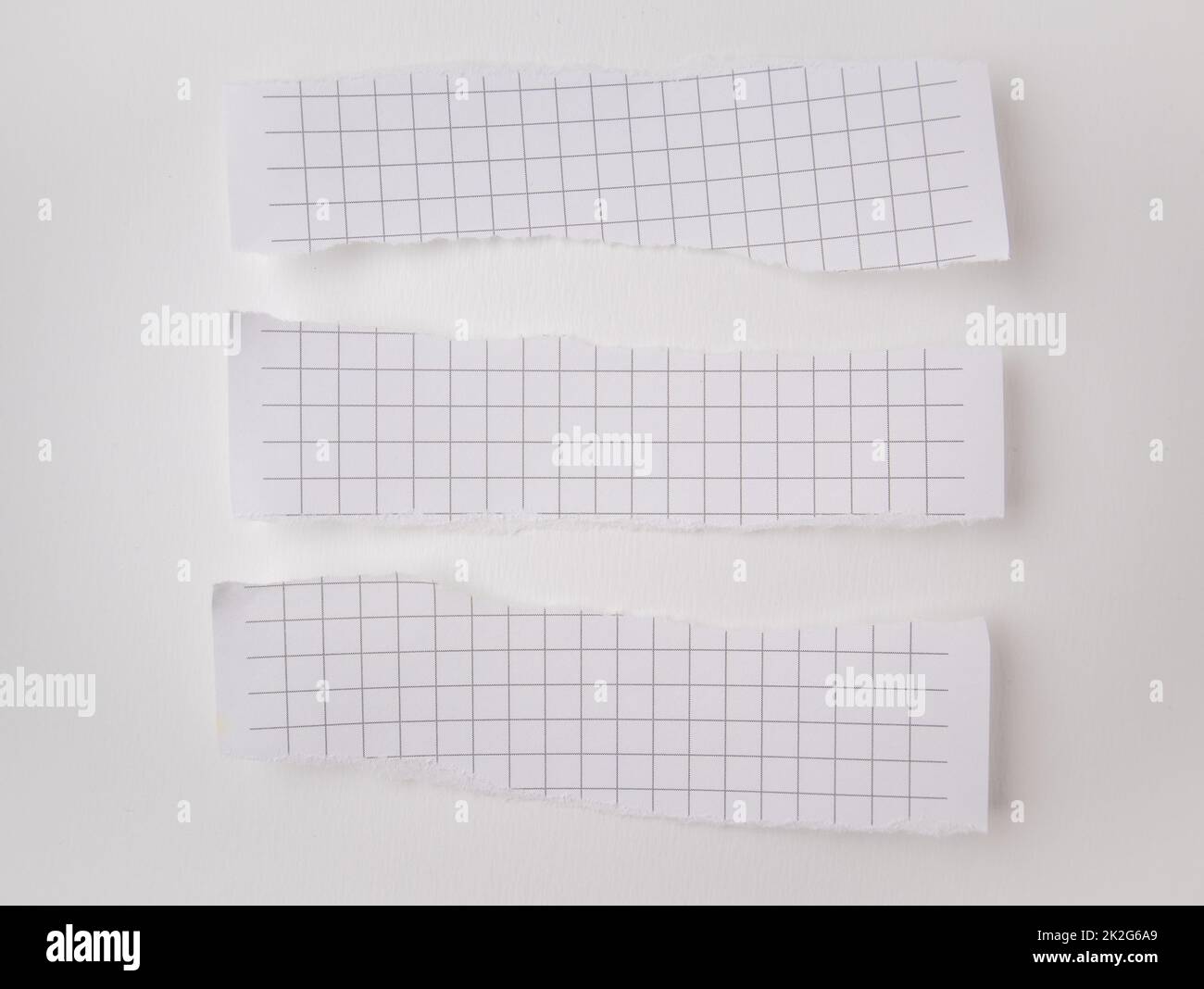 Una serie di strisce bianche strappate di carta a scacchi su sfondo bianco. Carta bianca strappata orizzontale e di formato diverso per appunti, modello Foto Stock