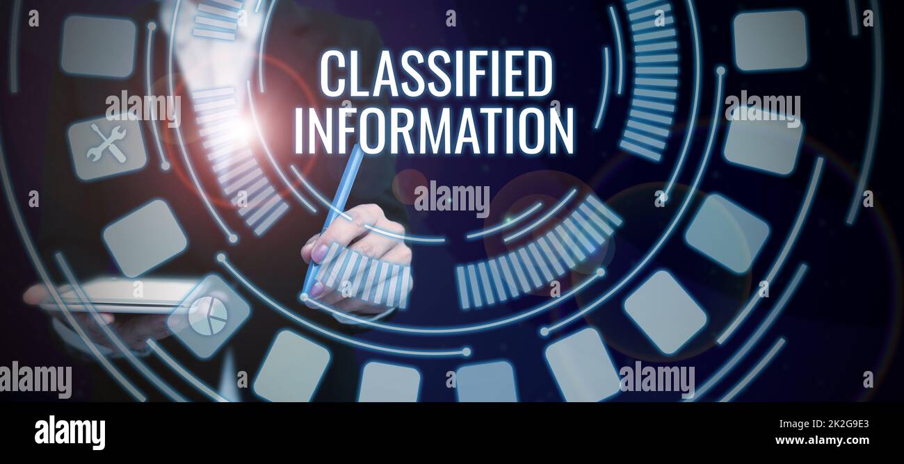 Inspirazione che mostra informazioni classificate segno. Parola per dati sensibili Top Secret divulgazione non autorizzata Foto Stock