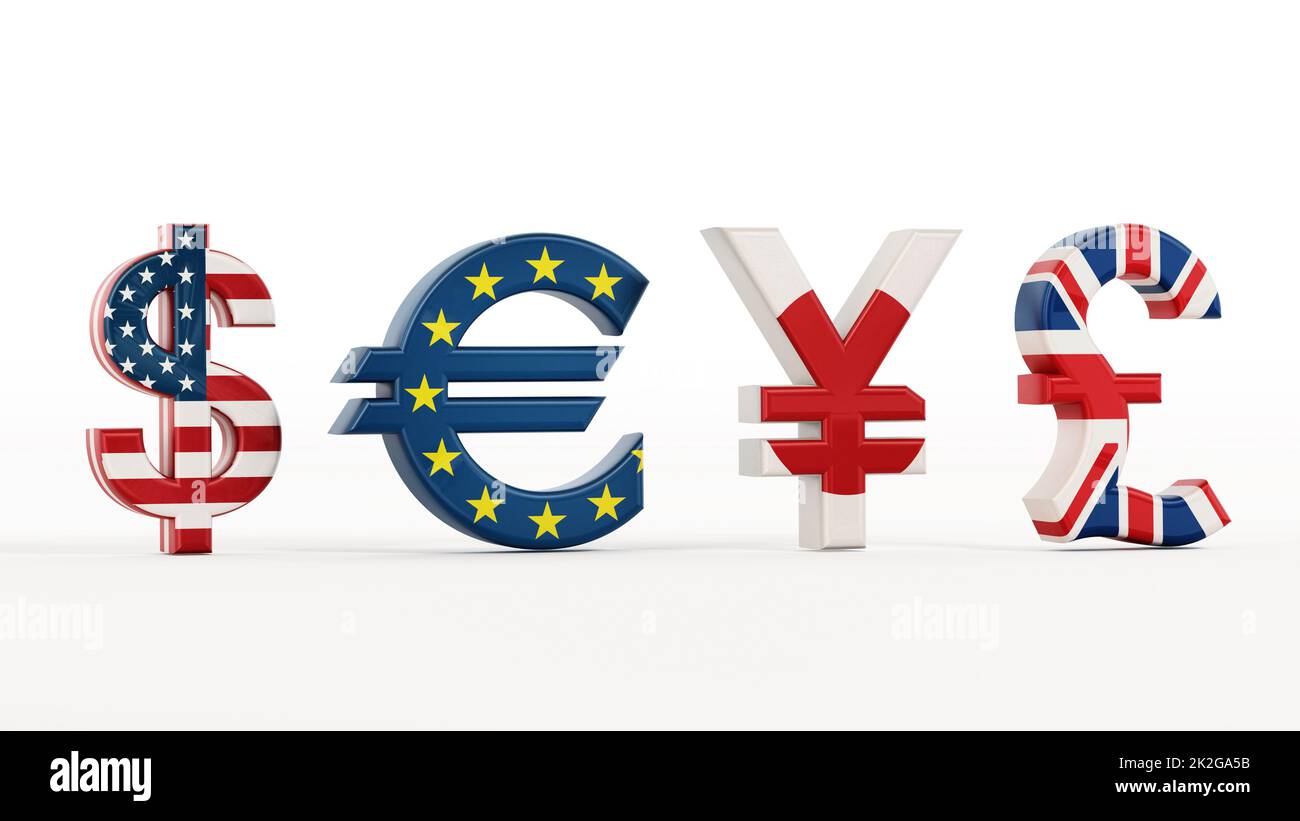 Simboli di valuta con bandiere di paese Foto Stock