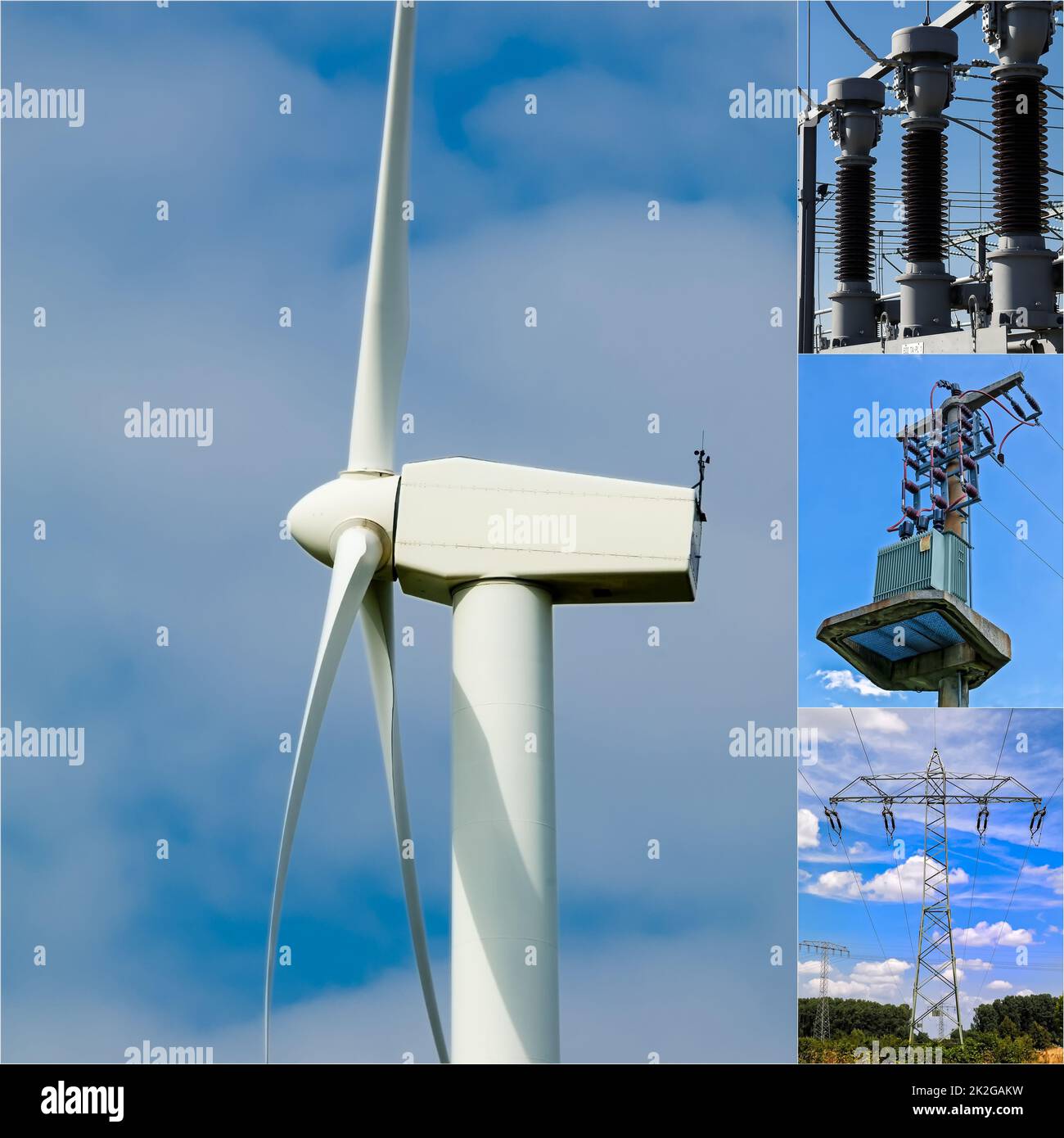 Turbine eoliche, turbine eoliche nella fattoria eolica, generazione di energia e fornitura di energia attraverso le energie rinnovabili, energia eolica Foto Stock