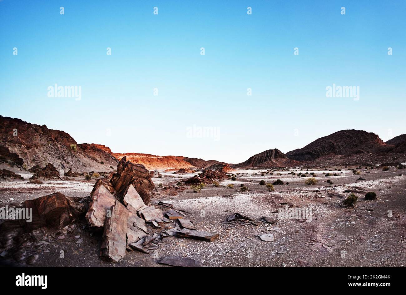 E' un paesaggio vasto e arido. Scatto di terreno desertico accidentato. Foto Stock