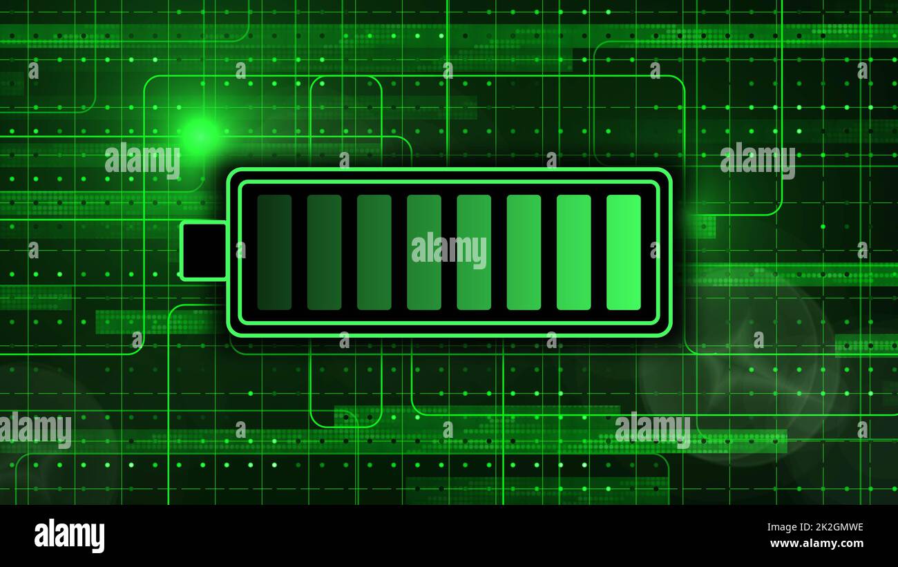 Concetto di energia elettrica e fonte di alimentazione - batteria dell'accumulatore su blocchi di codice binario disposti come una griglia quadrata Foto Stock